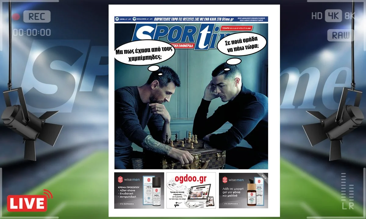 Το πρωτοσέλιδο του e-Sportime (23/11) της Τετάρτης εστιάζει στην ιστορική φωτογραφία Μέσι - Ρονάλντο και βάζει τη δική του πινελιά