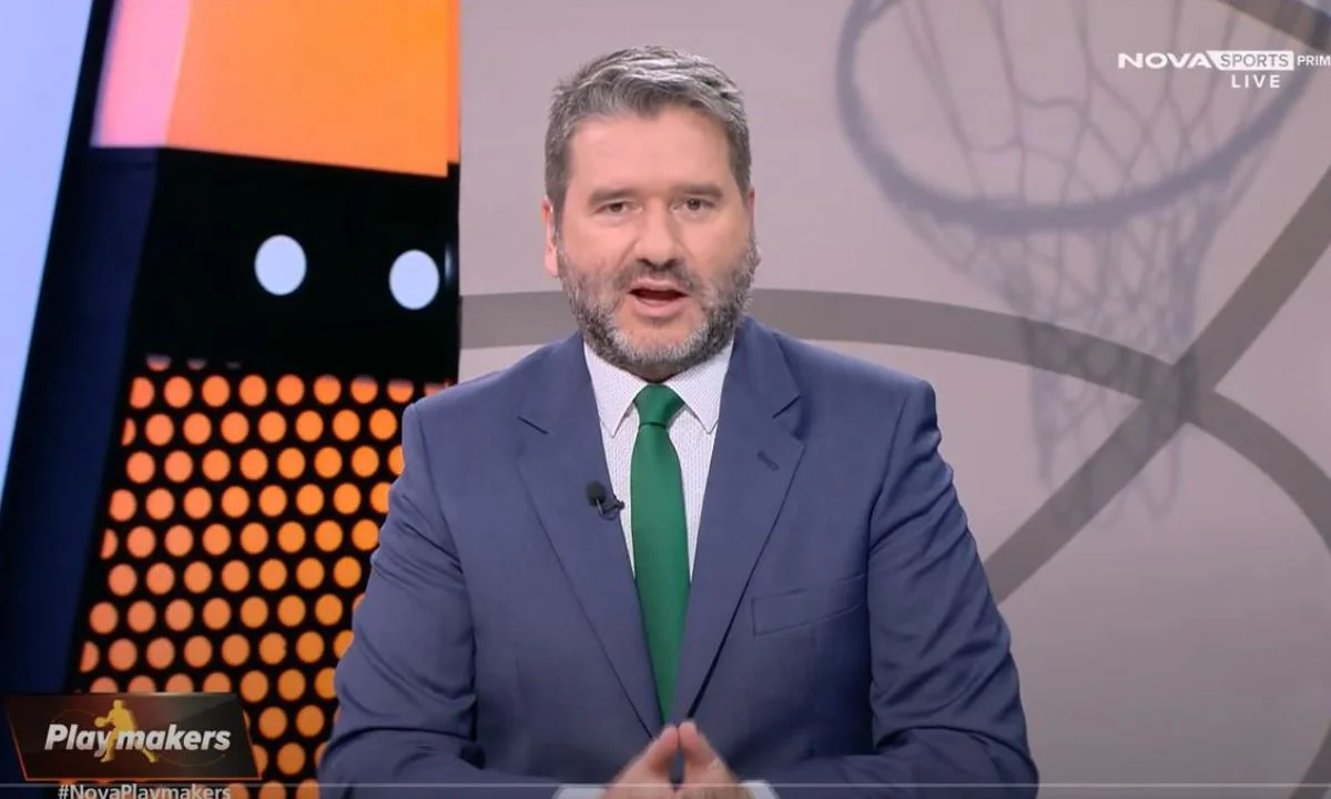 Στον κεντρικό παρουσιαστή της Nova σε μια βραδιά Ολυμπιακή με τρίποντο καριέρας του Σλούκα αποφάσισαν να φορέσουν πράσινη γραβάτα.
