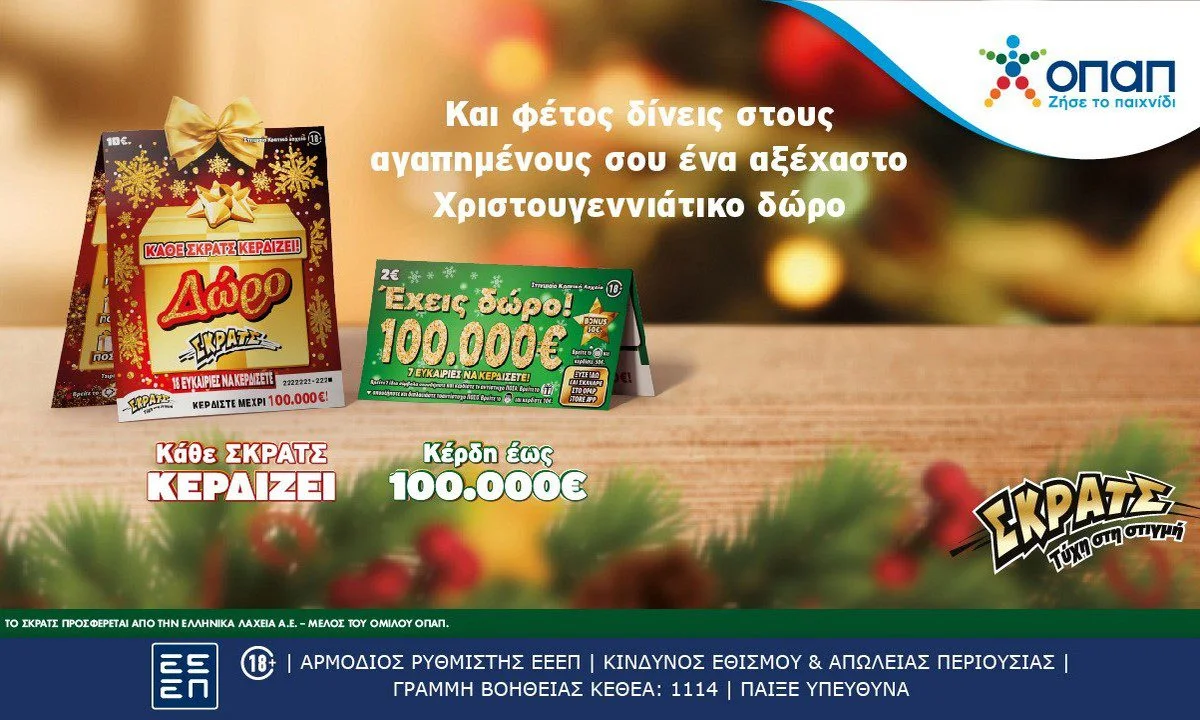 Ήρθαν τα δώρα του ΣΚΡΑΤΣ για τα Χριστούγεννα – Εορταστικοί λαχνοί «Δώρο ΣΚΡΑΤΣ» και «Έχεις Δώρο 100.000 ευρώ» με ειδική περιοχή για ευχές