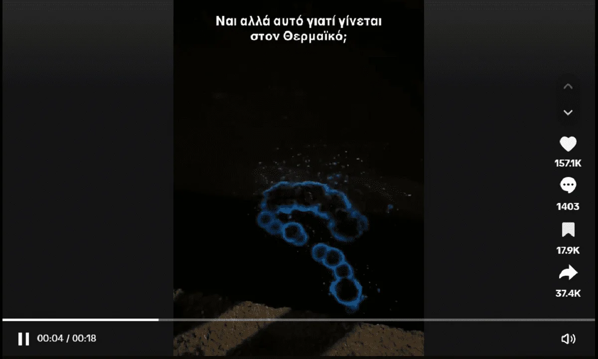 Το περίεργο που μοιάζει με μαγικό και γίνεται στον Θερμαϊκό. Πετάς νερό και σχηματίζονται τιρκουάζ φωοσφοριζέ σημάδια πάνω στην επιφάνεια.