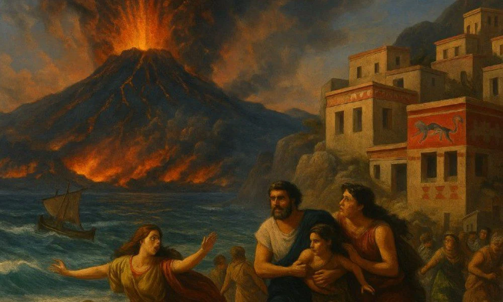 Η έκρηξη της Σαντορίνης (Θήρας) το 1600 π.Χ. κατέστρεψε τον Μινωικό πολιτισμό και πιθανόν ενέπνευσε τον μύθο της Ατλαντίδας.