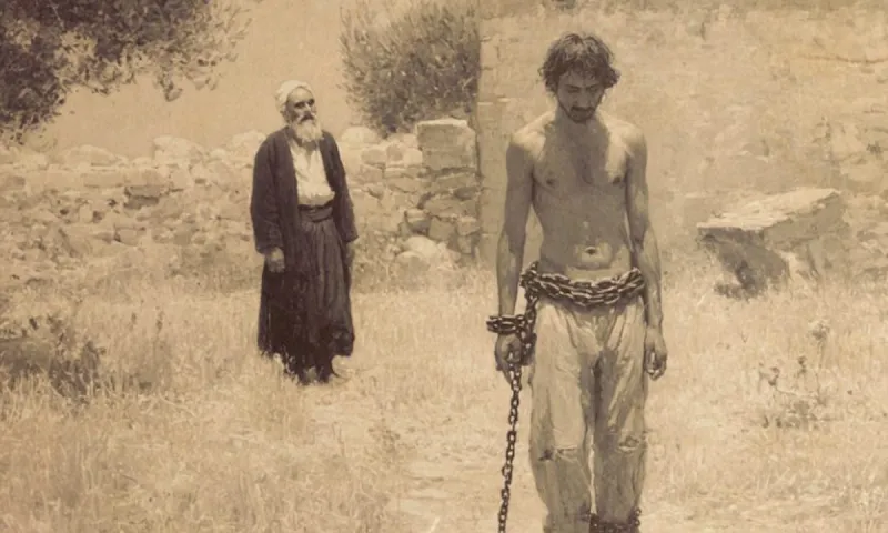 Έφτασε στην Κέρκυρα και είδε γυμνούς ανθρώπους να ζουν δεμένοι στα χωράφια. Τους κρατούσαν εκεί γιατί τους θεωρούσαν τρελούς