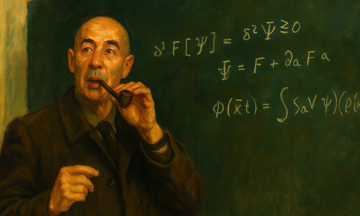 Ο Ernst Stueckelberg μπροστά σε πίνακα με εξισώσεις, κοιτάζει σκεπτικά – το αδικημένο μυαλό της φυσικής.