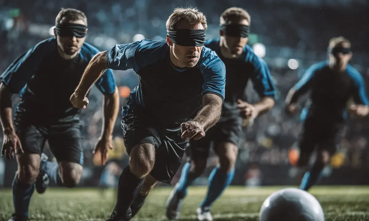 Αγώνας Blind Football με παίκτες που φορούν μάσκες, δημιουργημένη με τεχνητή νοημοσύνη