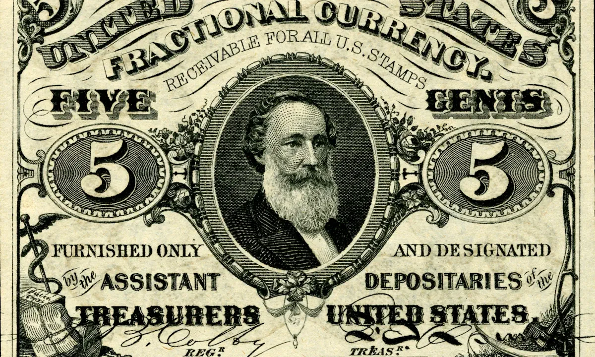 Χαρτονόμισμα 5 σεντς του 1866 με το πορτρέτο του Spencer Clark.