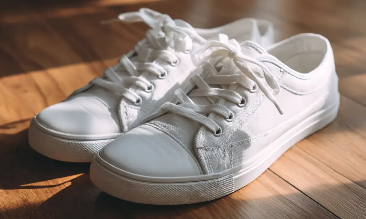Καθαρά λευκά sneakers σε ξύλινο πάτωμα με φυσικό φως.