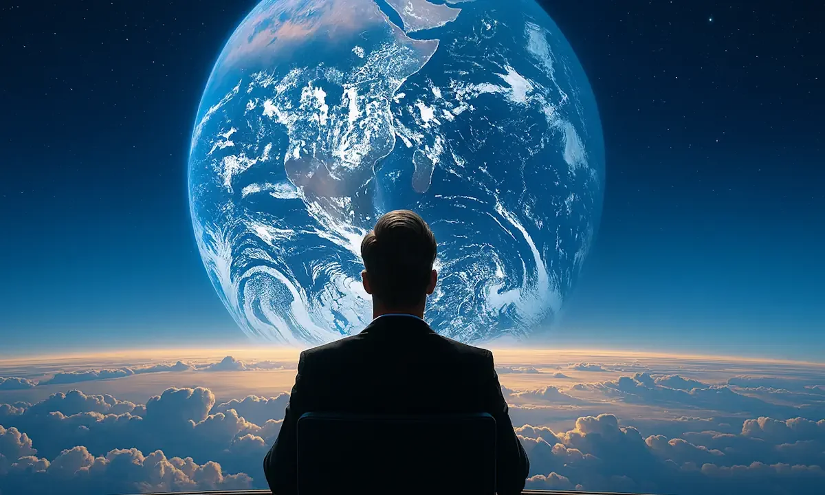 Καλλιτεχνική εικόνα του Musk που δεσπόζει πάνω από κράτη και αγορές.