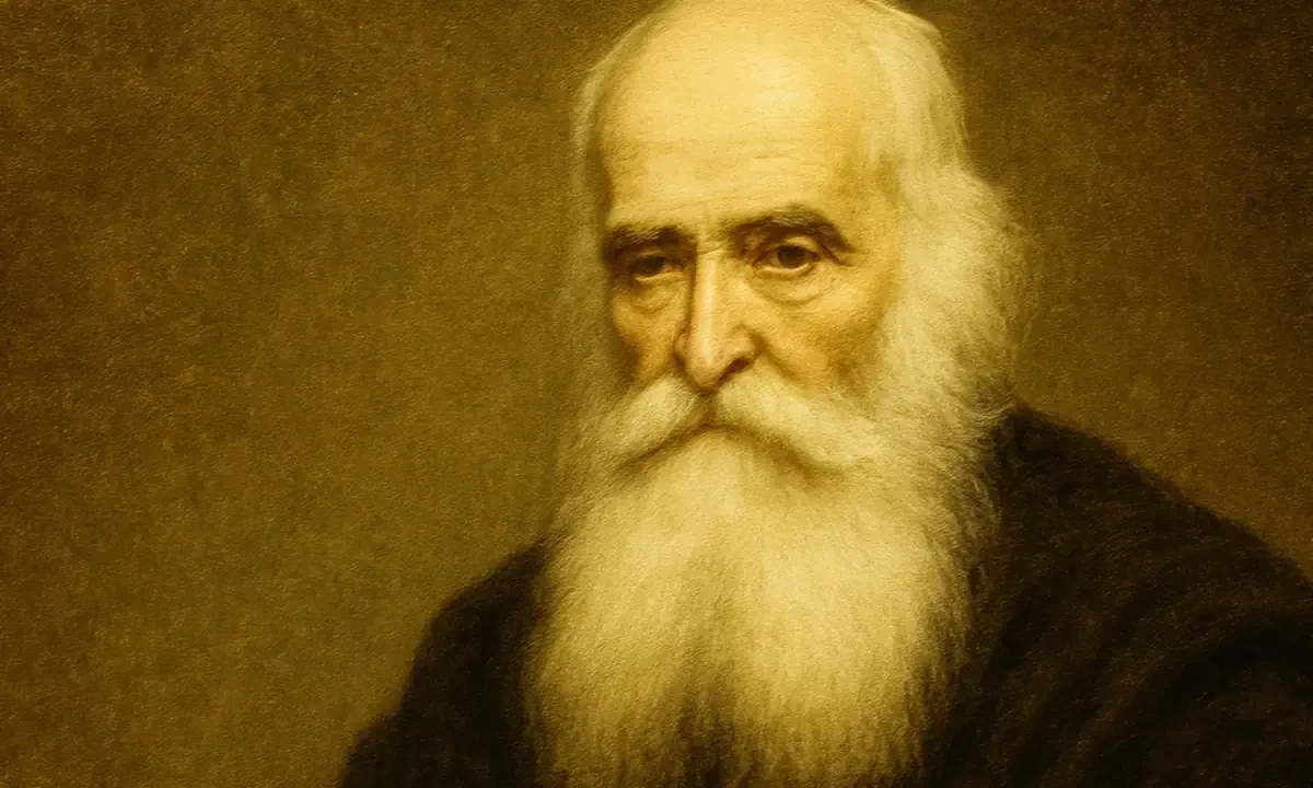 Πορτρέτο του Θεόφιλου Καΐρη με μακριά λευκή γενειάδα και αυστηρό βλέμμα.