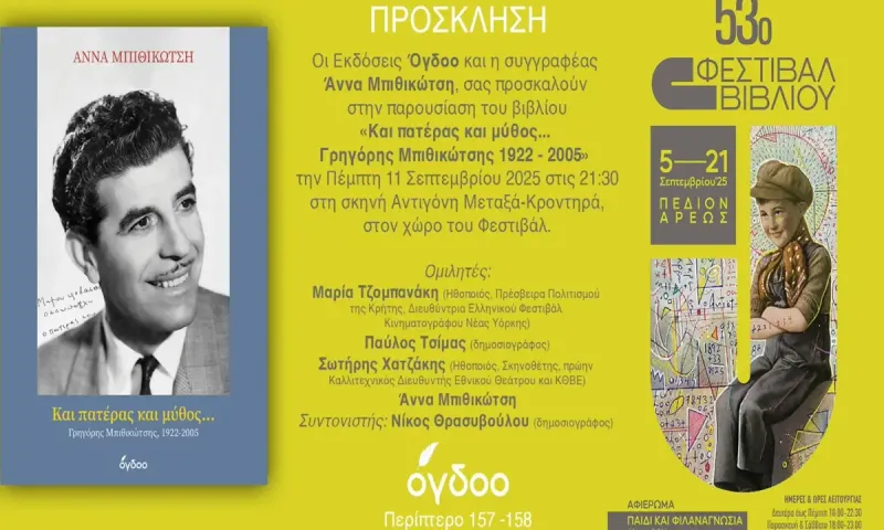 Φεστιβάλ Βιβλίου: Πέμπτη 11/9 η Άννα Μπιθικώτση παρουσιάζει το βιβλίο της «Και Πατέρας και Μύθος - Γρηγόρης Μπιθικώτσης 1922- 2005»