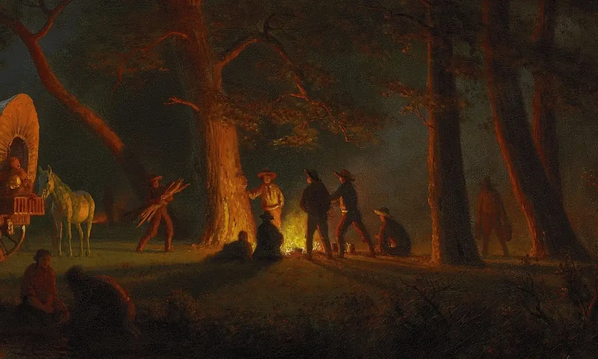 Πίνακας του Albert Bierstadt με ανθρώπους γύρω από φωτιά στο σκοτάδι.