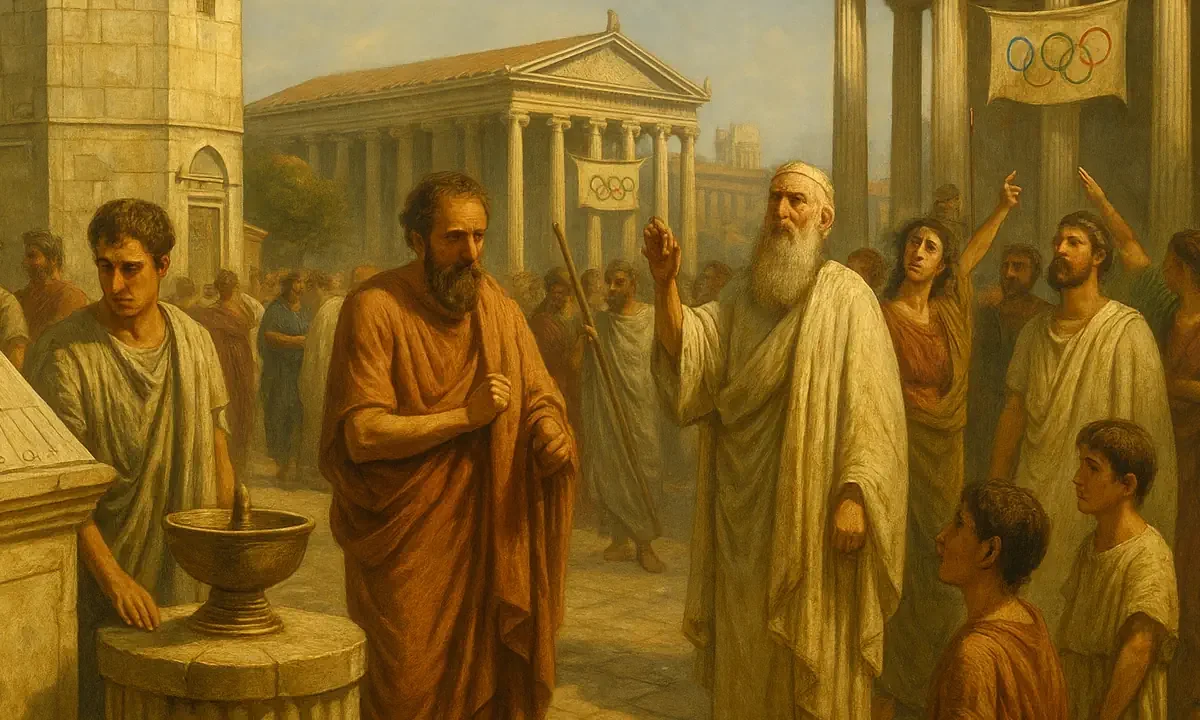 Αρχαία ελληνική αγορά με ηλιακό ρολόι κλεψύδρα και τον Πύργο των Ανέμων, εικόνα AI.