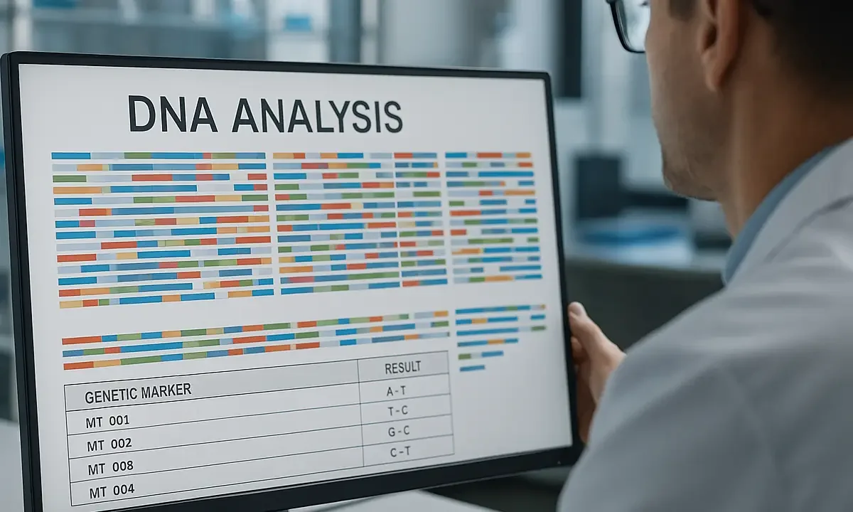 Επιστήμονας κοιτάζει ανάλυση DNA με πολύχρωμους δείκτες σε οθόνη εργαστηρίου.