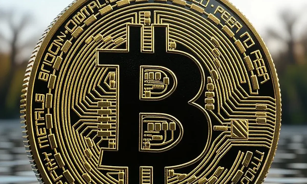 Χρυσό νόμισμα Bitcoin σε κοντινό πλάνο με φόντο τοπίο