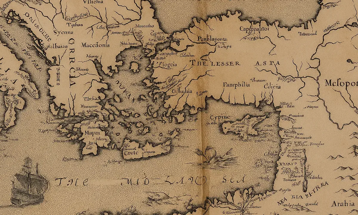 Παλαιός χάρτης του George Sandys από το 1610 που δείχνει τη Μεσόγειο και την Κρήτη όπως τις κατέγραψε στο ταξιδιωτικό του έργο.