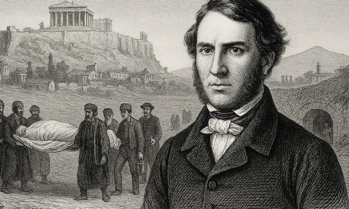 Γκραβούρα με τον John Lloyd Stephens στο προσκήνιο και πίσω του σκηνή κηδείας στην Αθήνα του 19ου αιώνα, με την Ακρόπολη στο βάθος.