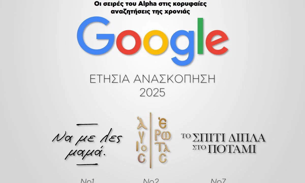 Google Trends 2025: Οι σειρές του Alpha στις κορυφαίες αναζητήσεις των Ελλήνων. Να με λες μαμά, Άγιος Έρωτας και Το σπίτι δίπλα στο ποτάμι