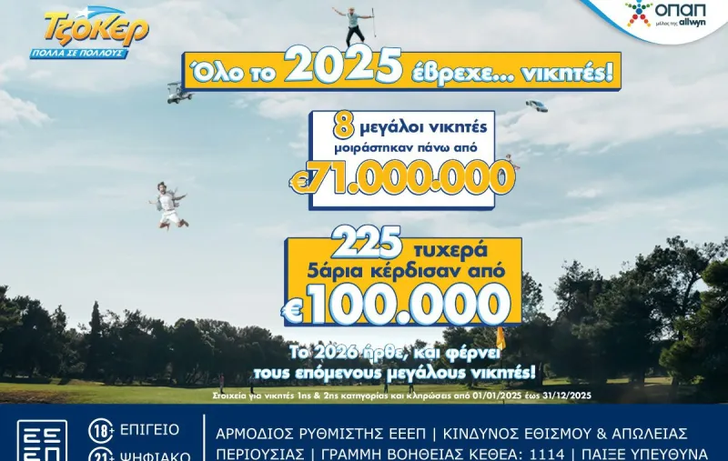 Ιστορική χρονιά το 2025 για το ΤΖΟΚΕΡ: 8 μεγάλοι νικητές μοιράστηκαν πάνω από 71 εκατ. ευρώ στην πρώτη κατηγορία - 225 επιτυχίες στη δεύτερη κατηγορία κέρδισαν από 100.000 ευρώ