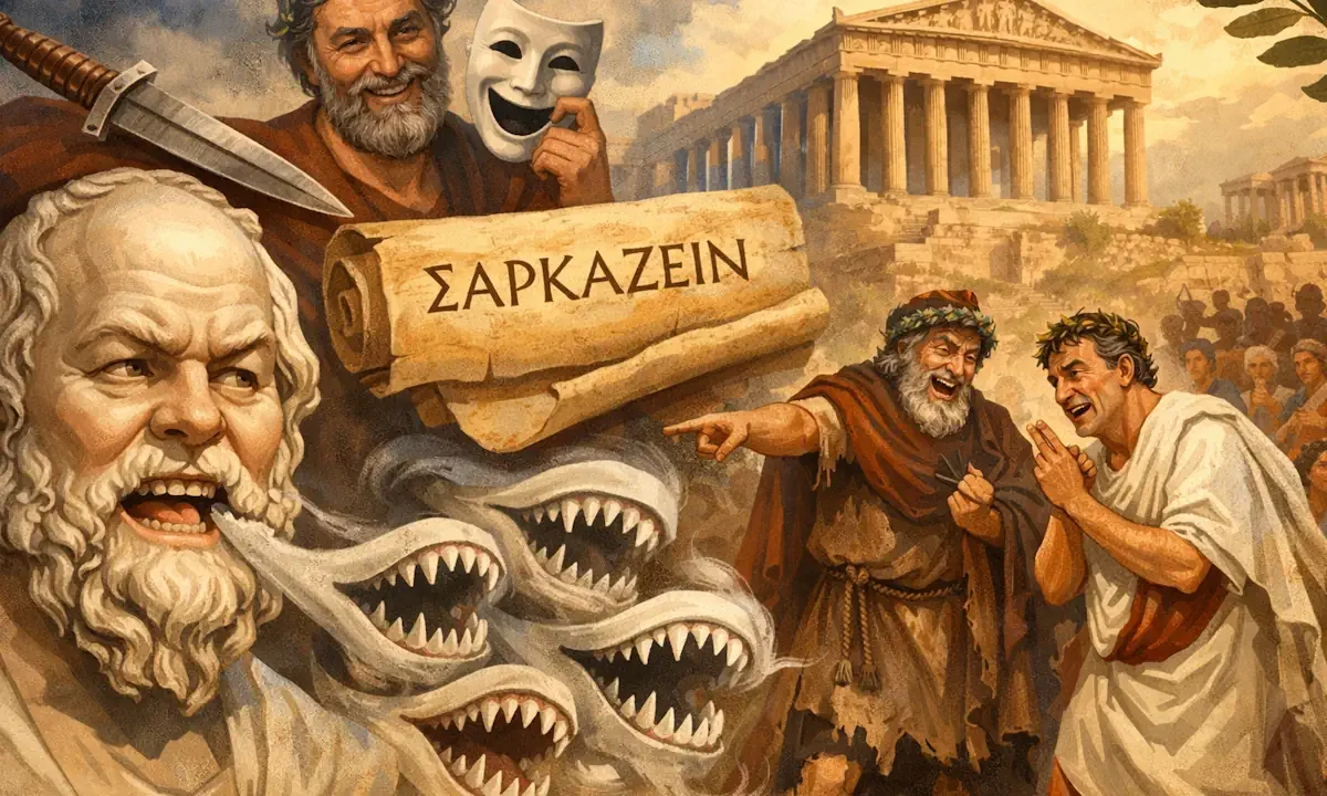Καλλιτεχνική απεικόνιση του σαρκασμού στην Αρχαία Ελλάδα με τον Σωκράτη, θεατρικές μάσκες και το θέατρο της Αθήνας στο φόντο