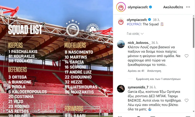 Ολυμπιακός  : Με Λουίς, Μπρούνο και Κλέιτον στο ντέρμπι με τον Παναθηναϊκό