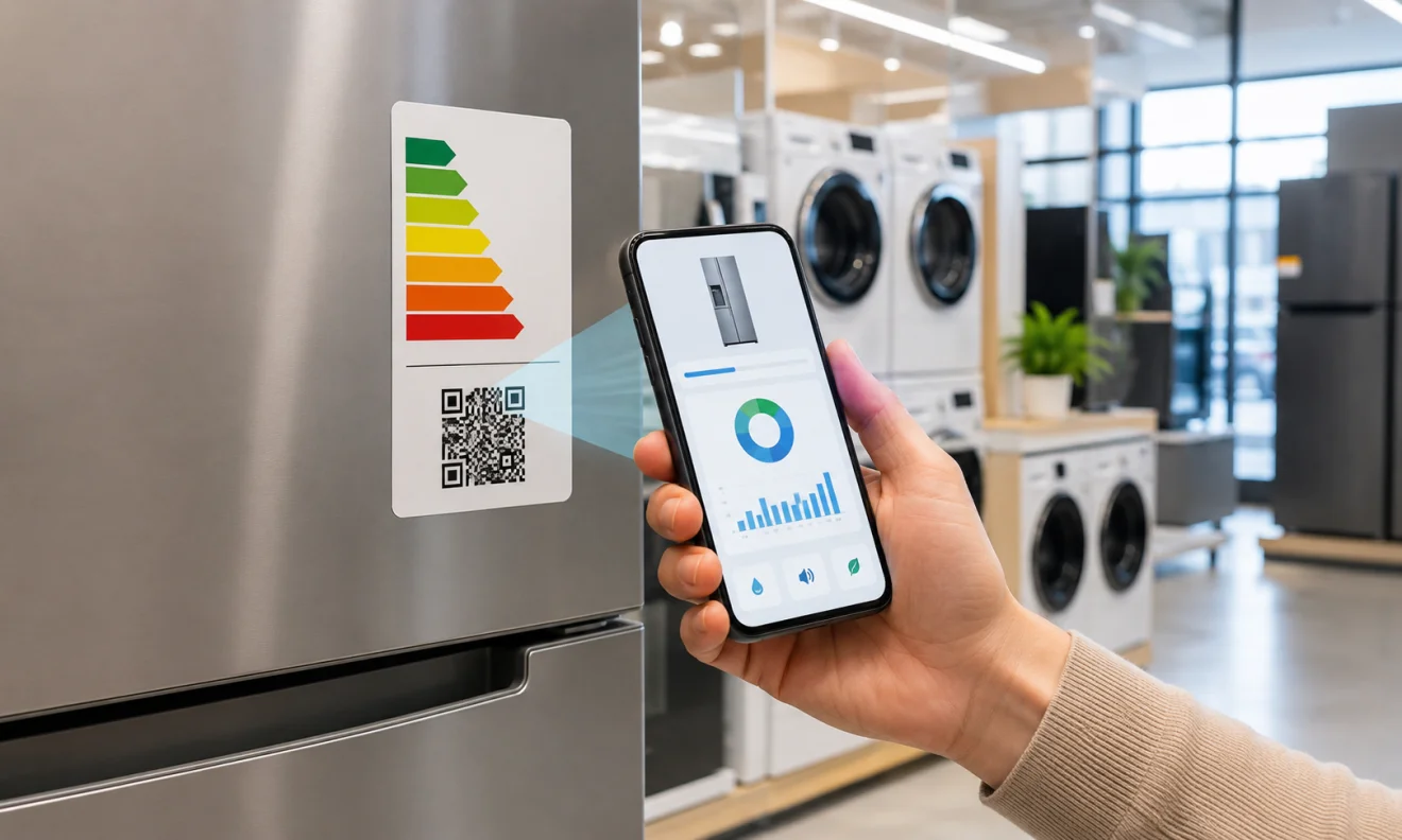Χέρι σαρώνει με κινητό τον κωδικό QR της ενεργειακής ετικέτας σε οικιακή συσκευή μέσα σε κατάστημα ηλεκτρικών ειδών. Πηγή: SPORTIME.