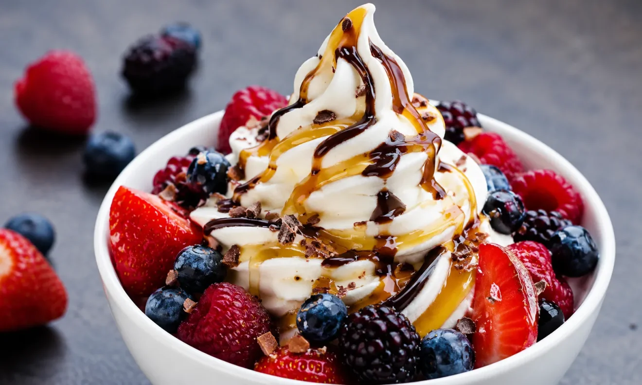 Περιγραφή εικόνας: Frozen yogurt σε μπολ, γαρνιρισμένο με φρούτα του δάσους (φράουλες, βατόμουρα, μύρτιλα και σμέουρα), μέλι και σιρόπι σοκολάτας.  Πηγή: SPORTIME.GR