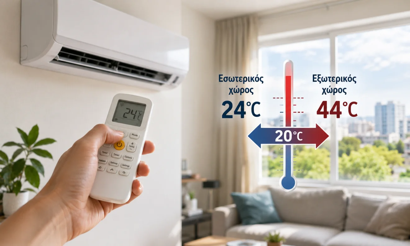 Χέρι ρυθμίζει το κλιματιστικό στους 24 βαθμούς, ενώ η εξωτερική θερμοκρασία φτάνει τους 44 βαθμούς. Πηγή: sportime.gr.