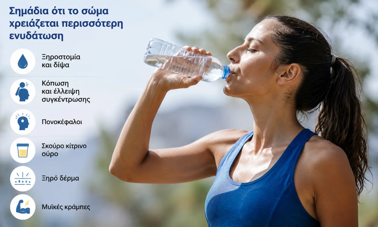 Γυναίκα πίνει νερό μετά την άσκηση, ενώ παρουσιάζονται βασικά σημάδια που δείχνουν ότι ο οργανισμός χρειάζεται περισσότερη ενυδάτωση. Πηγή: Sportime.gr.