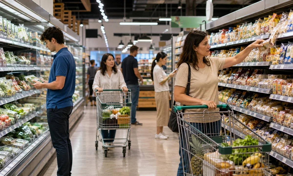 Καταναλωτές κάνουν τα ψώνια τους σε διάδρομο σούπερ μάρκετ, επιλέγοντας προϊόντα από τα ράφια και τα ψυγεία. Πηγή: Sportime.gr