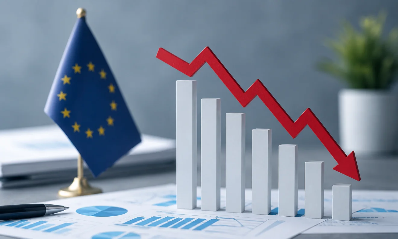 Διάγραμμα πτωτικής πορείας δίπλα στη σημαία της Ευρωπαϊκής Ένωσης, σε μια συμβολική εικόνα για την επιβράδυνση της ελληνικής οικονομίας.  Πηγή: sportime.gr.