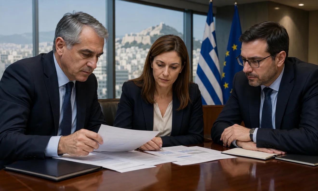 Στελέχη εξετάζουν οικονομικά στοιχεία και αναφορές για το ισοζύγιο πληρωμών, με τις σημαίες Ελλάδας και Ευρωπαϊκής Ένωσης στο φόντο.  Πηγή: sportime.gr.