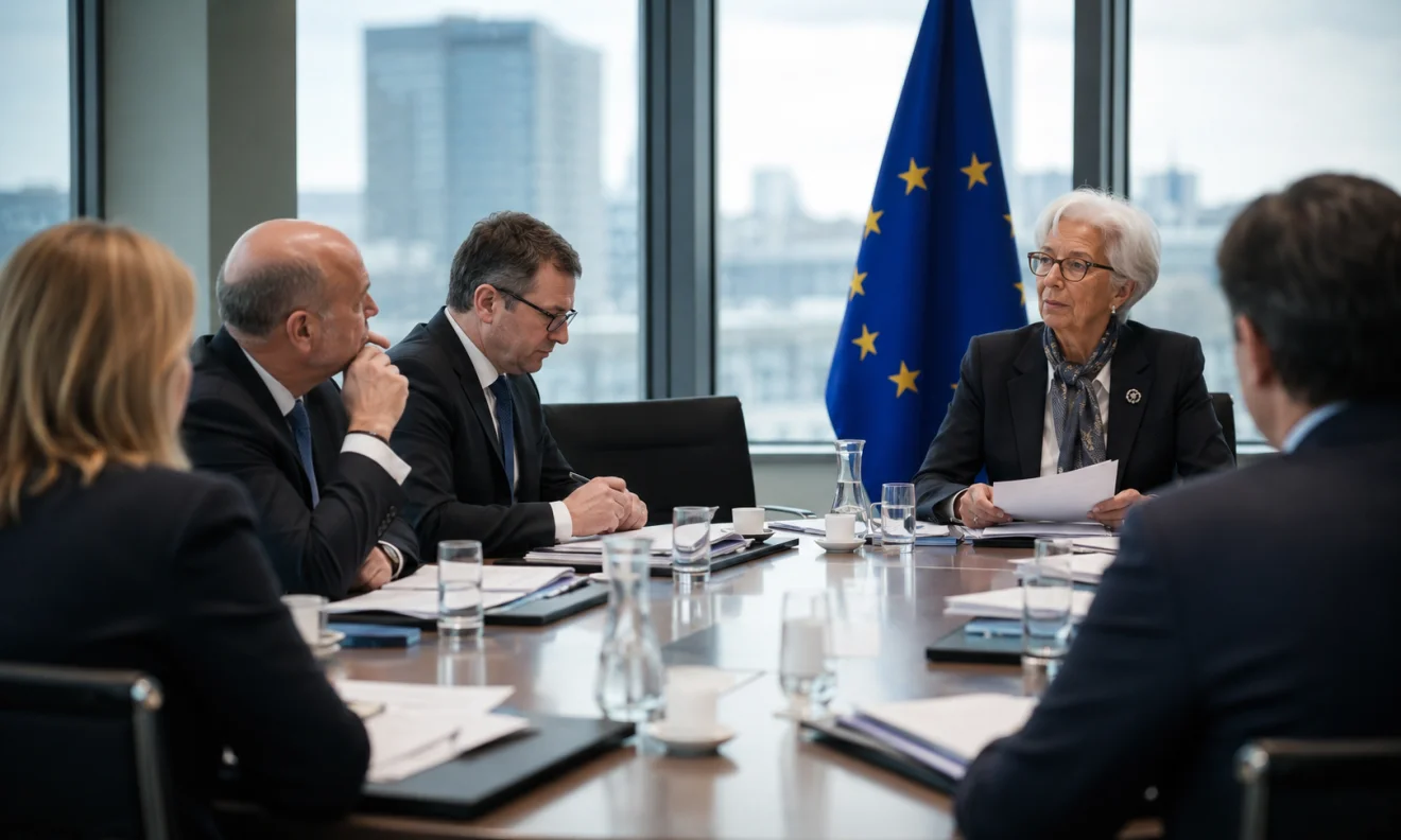 Στιγμιότυπο από επίσημη συνεδρίαση στελεχών ευρωπαϊκού θεσμού, με την ευρωπαϊκή σημαία στο φόντο και την πορεία των επιτοκίων στο επίκεντρο.  Πηγή: sportime.gr.