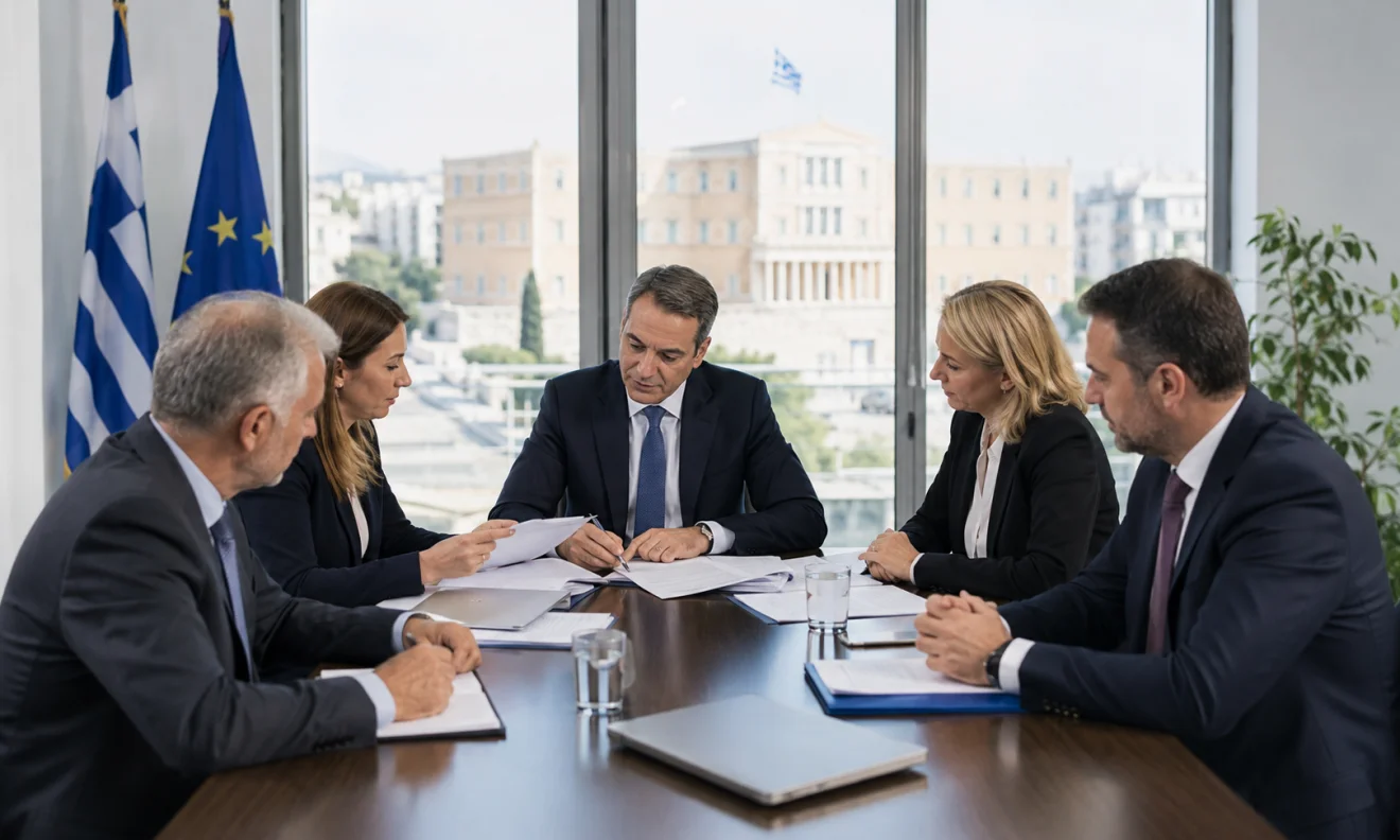 Στιγμιότυπο από επίσημη σύσκεψη στελεχών για την πορεία του Ταμείου Ανάκαμψης, με φόντο το ελληνικό Κοινοβούλιο και τις σημαίες Ελλάδας και Ευρωπαϊκής Ένωσης.  Πηγή: sportime.gr.