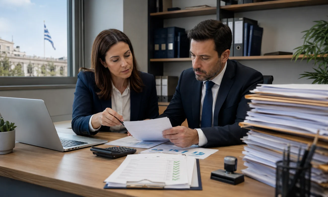 Στελέχη εξετάζουν φορολογικά έγγραφα και οικονομικά στοιχεία σε γραφείο, με τον μεγάλο όγκο φακέλων να αποτυπώνει την πολυπλοκότητα του συστήματος.  Πηγή: sportime.gr.
