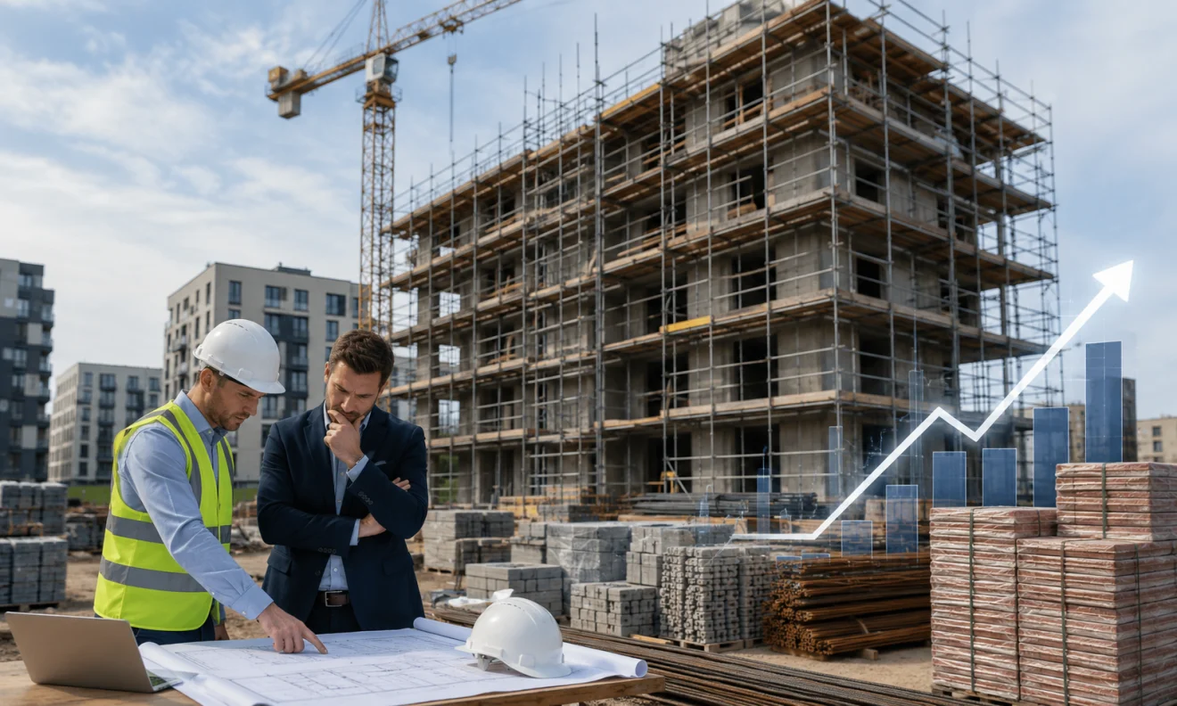 Εργοτάξιο νέας οικοδομής με μηχανικό και επενδυτή να εξετάζουν τα σχέδια, ενώ το αυξημένο κόστος των υλικών πιέζει τις επενδύσεις.  Πηγή: sportime.gr