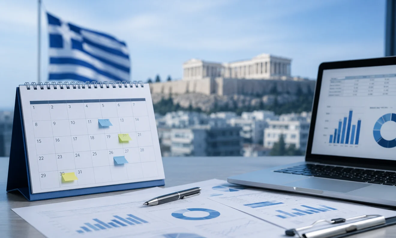 Ημερολόγιο και οικονομικά στοιχεία σε γραφείο, με φόντο την Αθήνα και την ελληνική σημαία, συμβολίζουν τις επόμενες κρίσιμες ημερομηνίες για την πορεία της οικονομίας.  Πηγή: sportime.gr.