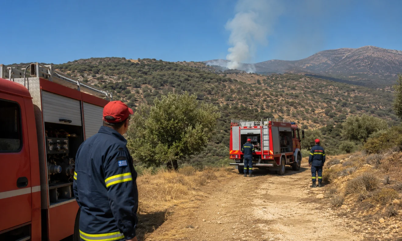 Πυροσβεστικές δυνάμεις και οχήματα βρίσκονται σε αυξημένη ετοιμότητα σε δασική περιοχή, ενώ καπνός διακρίνεται στις γύρω πλαγιές. Πηγή: Sportime.