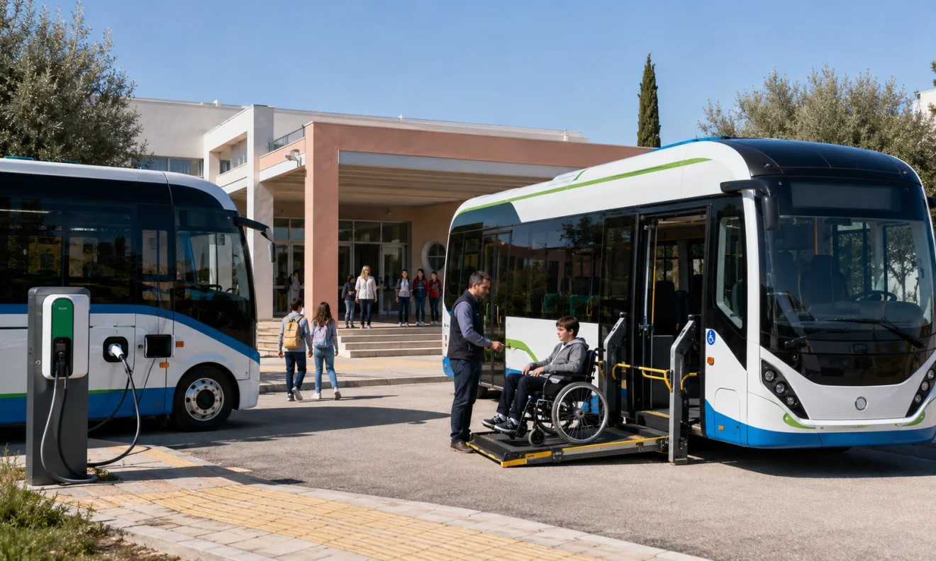 Ηλεκτρικά και υβριδικά σχολικά λεωφορεία έξω από ειδικό σχολείο, με ειδική ράμπα για την ασφαλή μετακίνηση μαθητή με αμαξίδιο. Πηγή: Sportime.gr.