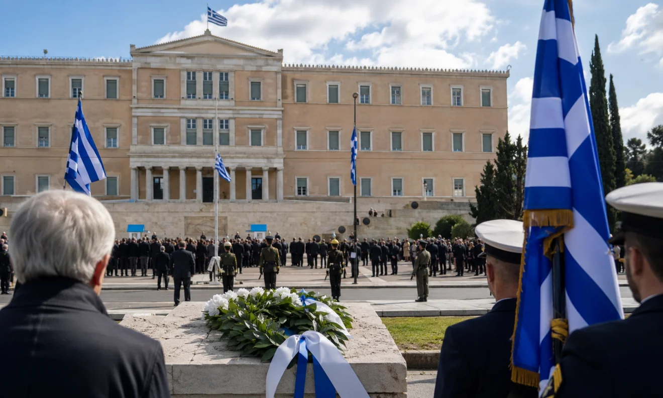 Επίσημη τελετή μπροστά από τη Βουλή των Ελλήνων, με ελληνικές σημαίες και κατάθεση στεφάνου στη μνήμη της αποκατάστασης της Δημοκρατίας.  Πηγή: Sportime.gr