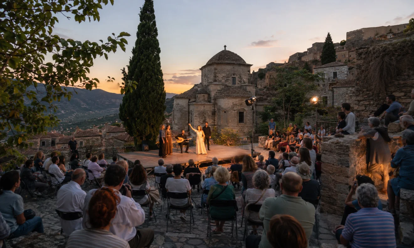 Υπαίθρια πολιτιστική εκδήλωση σε ιστορικό χώρο, με καλλιτέχνες επί σκηνής και κοινό να παρακολουθεί μέσα σε ατμόσφαιρα τοπικής συμμετοχής.  Πηγή: Sportime.gr