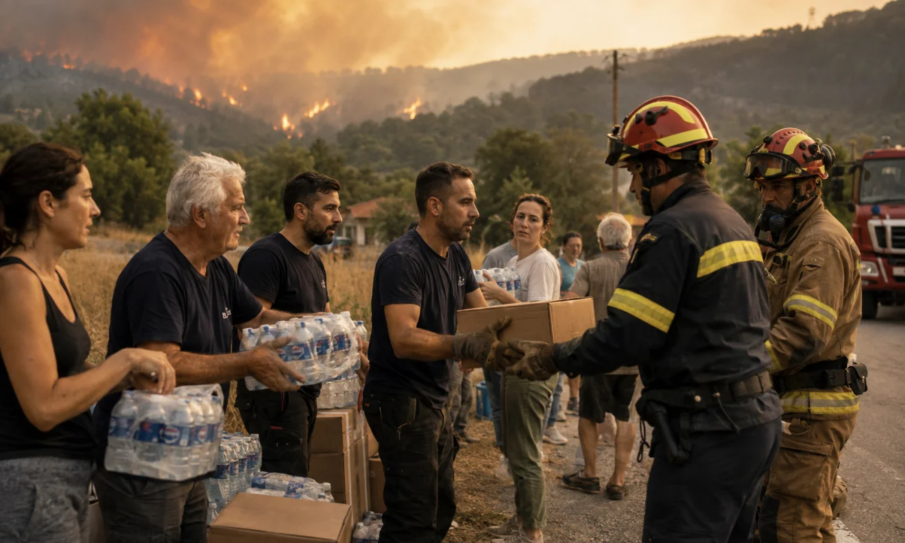 Εθελοντές της τοπικής κοινωνίας προσφέρουν νερά και προμήθειες σε πυροσβέστες, δίπλα σε μέτωπο φωτιάς, σε μια στιγμή αλληλεγγύης και στήριξης. Πηγή: Sportime