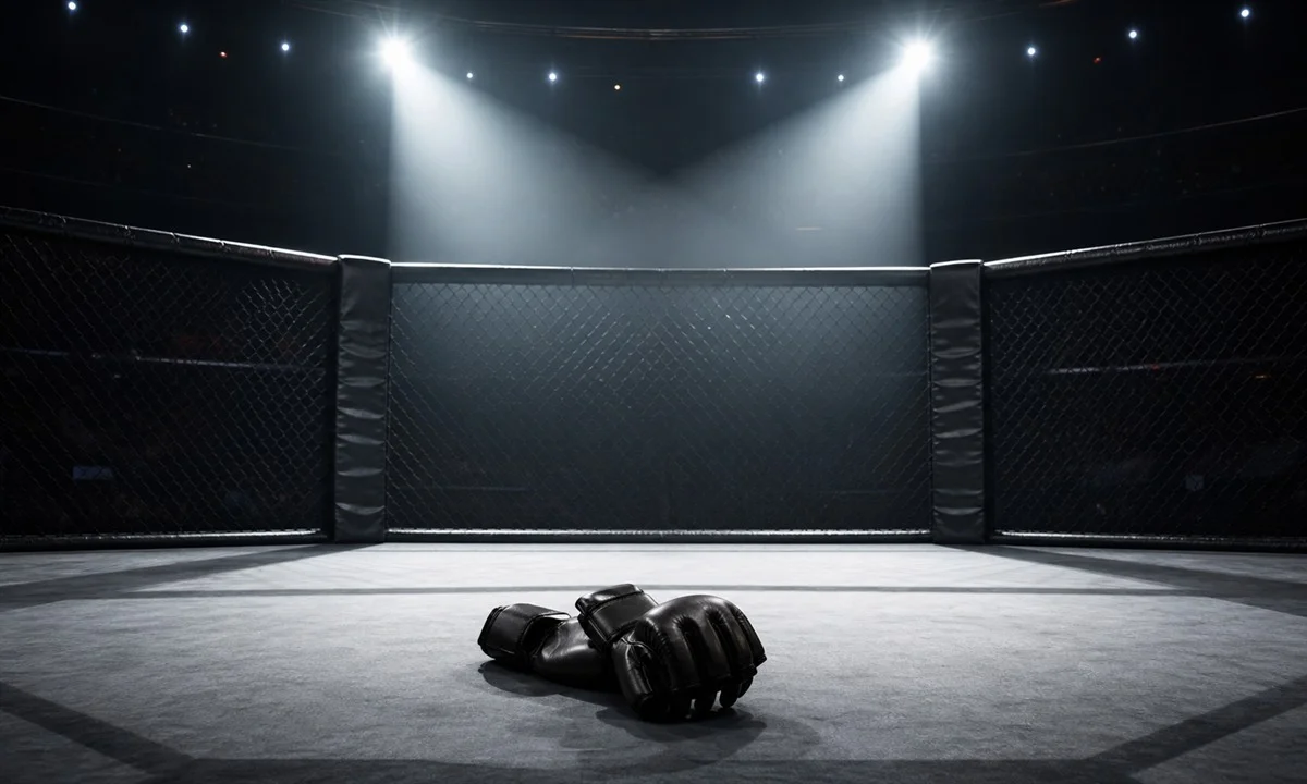 Άδειο κλουβί MMA με γάντια στο καναβάτσο και δύο προβολείς που συγκλίνουν αποτυπώνει τη συνένωση των διοργανώσεων — Πηγή: Sportime.gr