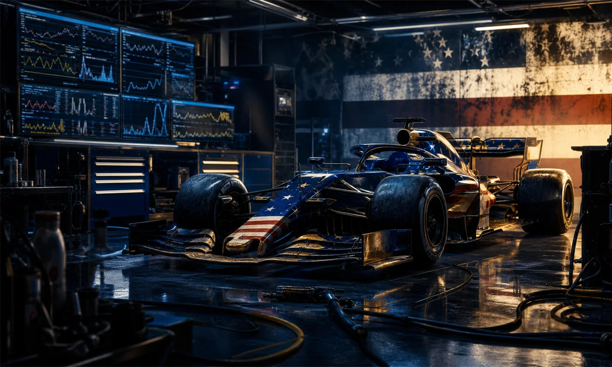 Εικονογράφηση γενικού μονοθέσιου Formula 1 σε γκαράζ με εργαλεία και μπλε-χρυσό φωτισμό για το άρθρο «Η Cadillac F1 αντιμετωπίζει τις πρώτες μεγάλες δυσκολίες». Πηγή: Sportime.gr