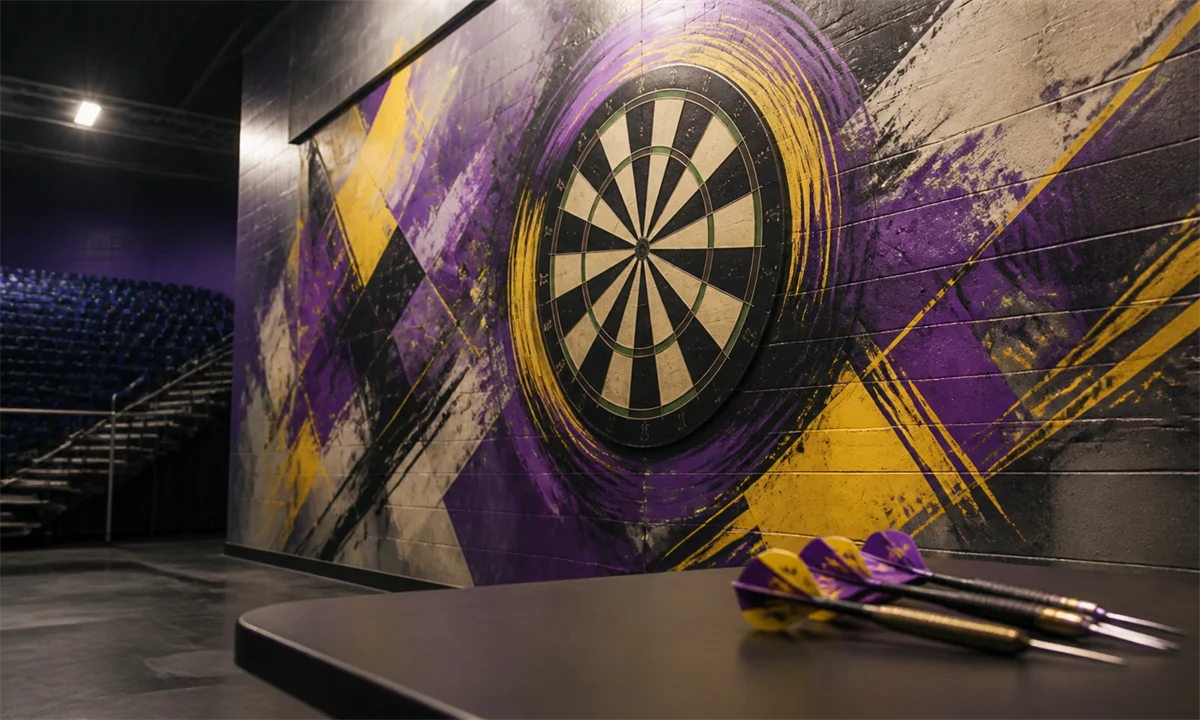 Καλλιτεχνικός τοίχος με αφηρημένο mural dartboard και βελάκια σε άδεια αρένα — Πηγή: Sportime.gr