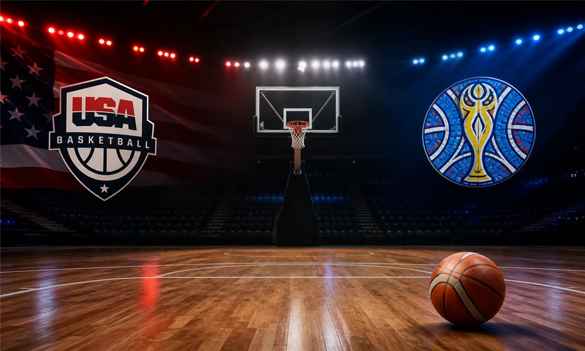 Άδειο γήπεδο με τα εμβλήματα της USA Basketball και του Παγκοσμίου Κυπέλλου Γυναικών της FIBA — Πηγή: Sportime.gr