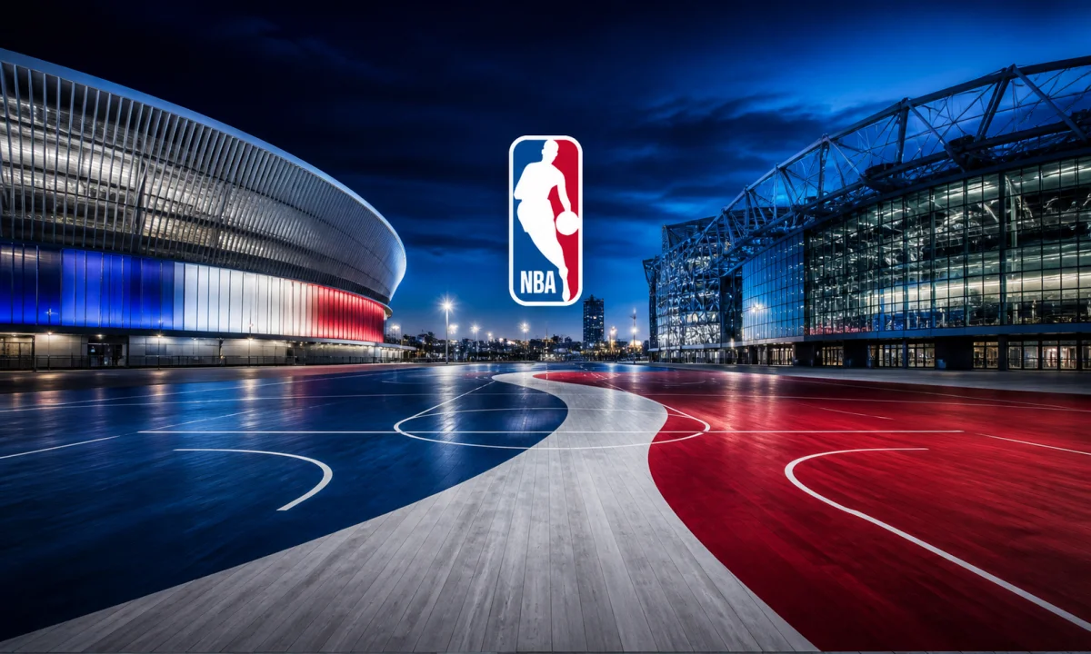 Εικαστική σύνθεση με το έμβλημα του NBA, ευρωπαϊκό γήπεδο και φωτισμό αγώνα χωρίς πρόσωπα — Πηγή: Sportime.gr