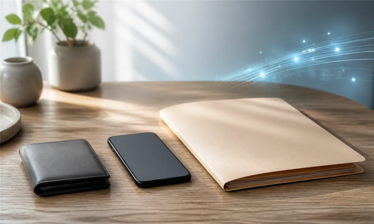 Κινητό με κενή οθόνη, πορτοφόλι και κλειστός φάκελος σε τακτοποιημένο γραφείο, που αποτυπώνουν την οργάνωση ψηφιακών εγγράφων. Πηγή: Sportime.gr