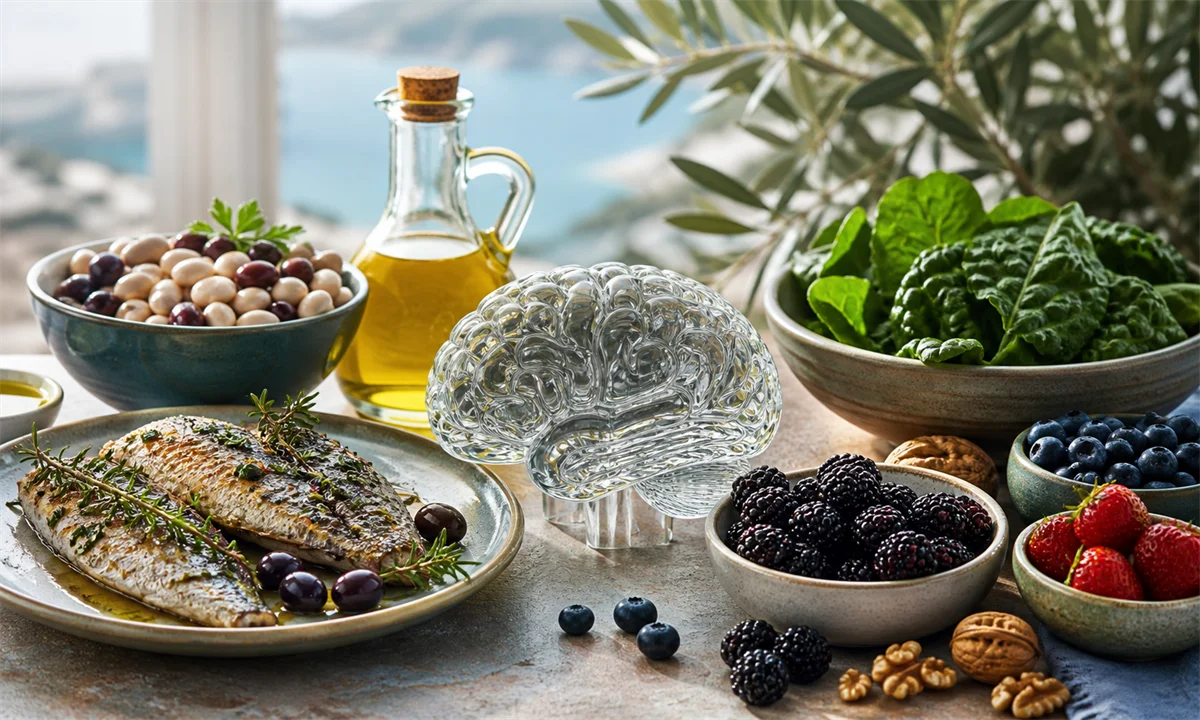 Μεσογειακό γεύμα με πράσινα λαχανικά, όσπρια, ψάρι, berries και ελαιόλαδο πλαισιώνει γυάλινο σύμβολο εγκεφάλου — Πηγή: Sportime.gr