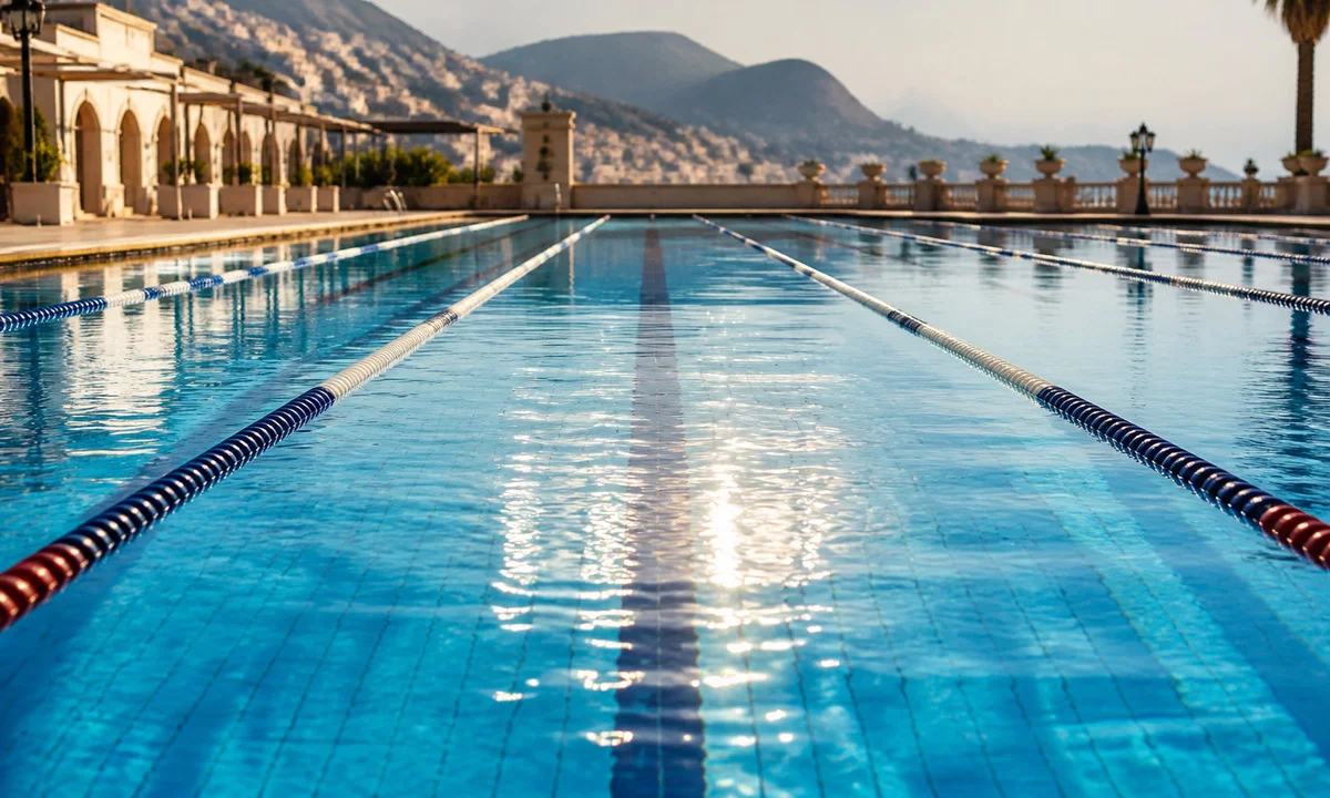 Μακρύς διάδρομος πισίνας με ασημένιες αντανακλάσεις στο νερό και ήρεμη ατμόσφαιρα διεθνούς διοργάνωσης, Πηγή: Sportime.gr