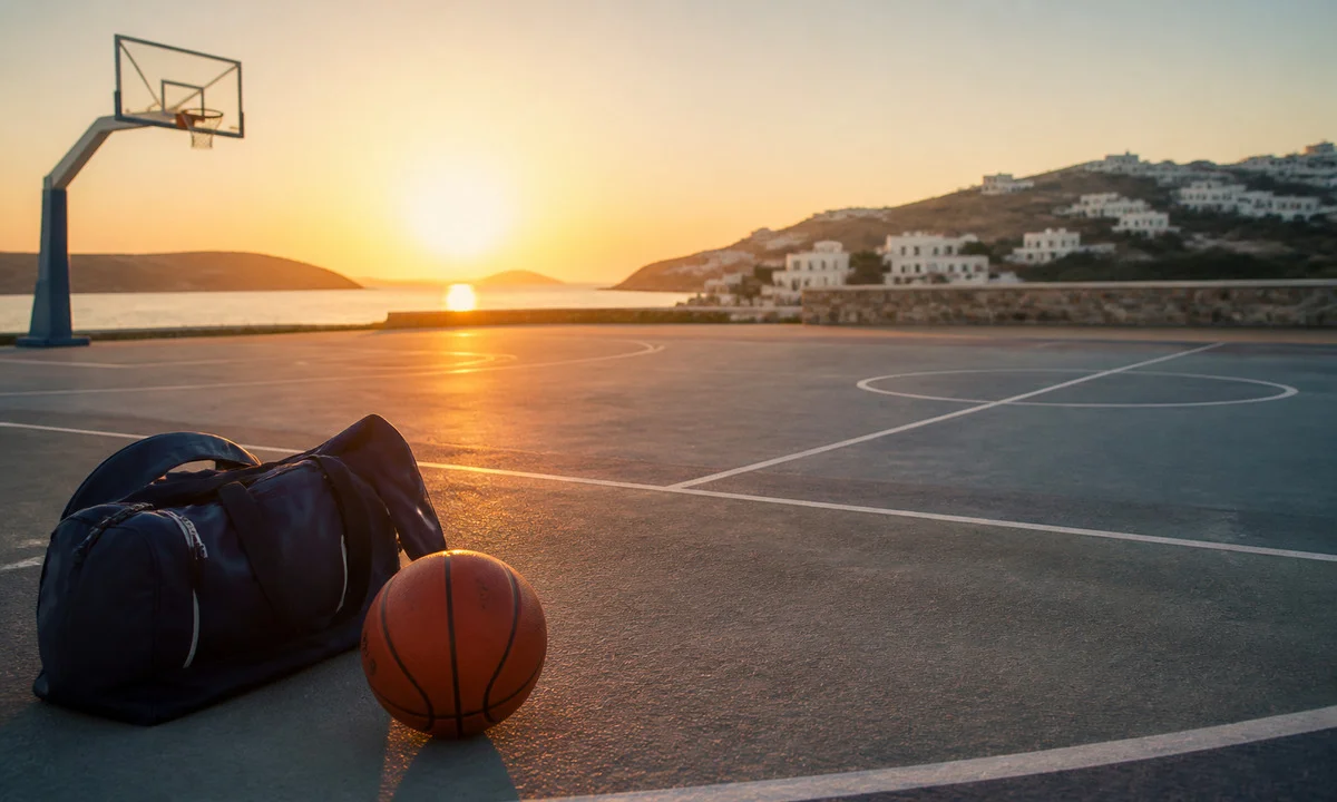 Άδειο γήπεδο μπάσκετ προετοιμασίας με μπάλα και ταξιδιωτική τσάντα κάτω από ζεστό ελληνικό πρωινό φως, Πηγή: Sportime.gr