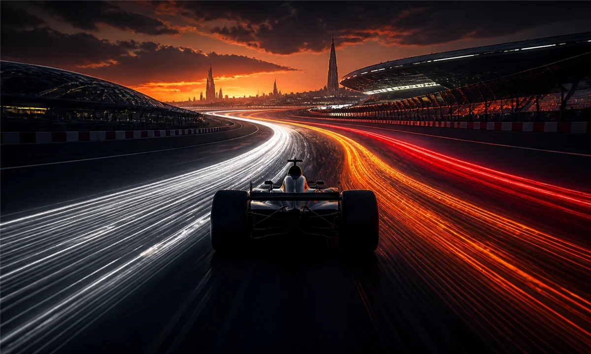 Φωτεινές αγωνιστικές γραμμές σε πίστα της Formula 1 συμβολίζουν τη μάχη της Mercedes με McLaren και Ferrari — Πηγή: Sportime.gr